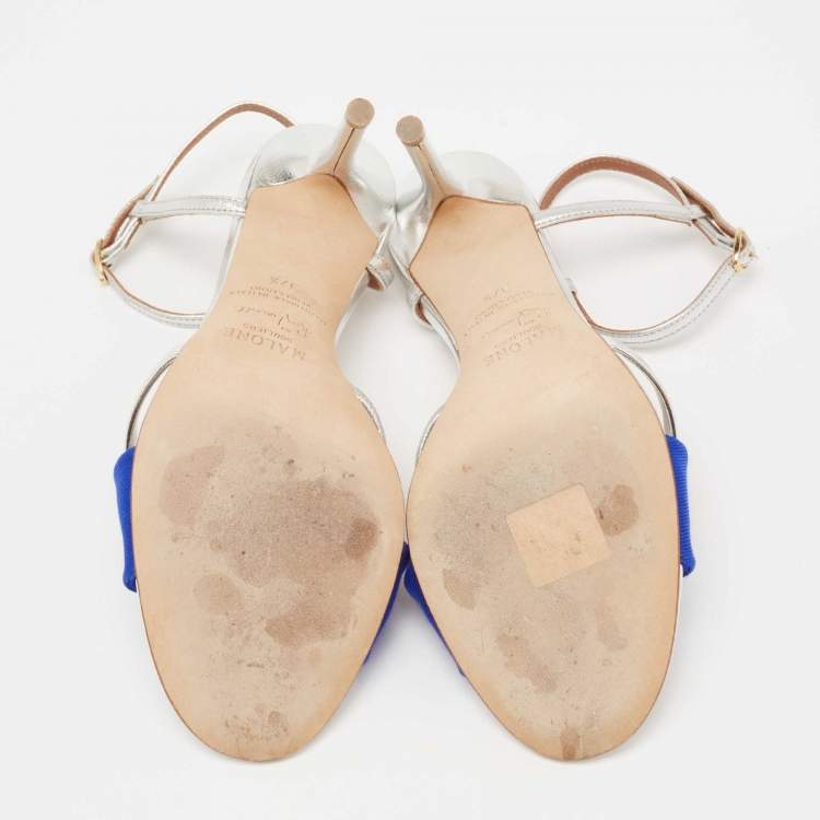 مملوكة مسبقًا Malone Souliers Silver/Blue Foil Leather And Canvas Ankle Strap Sandals Size 37.5