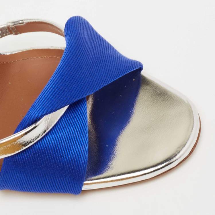 مملوكة مسبقًا Malone Souliers Silver/Blue Foil Leather And Canvas Ankle Strap Sandals Size 37.5
