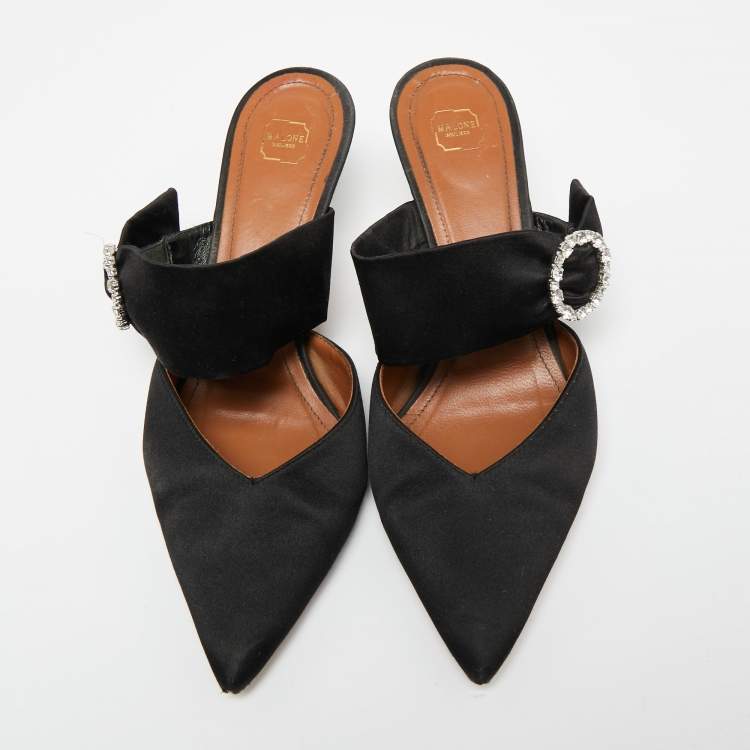 Pre Owned Malone Souliers Black Satin Crystal Embellished Maite Sandals Size 40