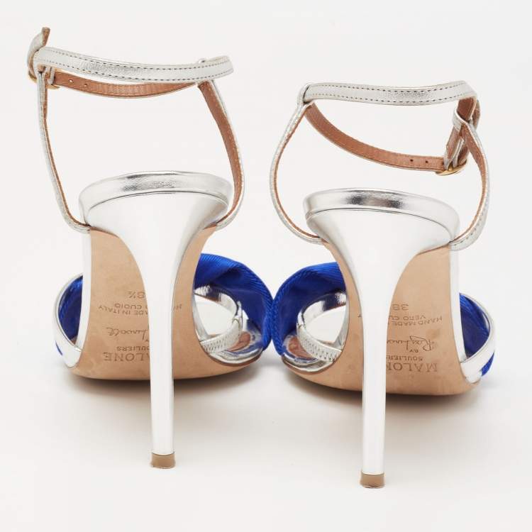 Pre Owned Malone Souliers Blue/Silver Foil Leather and Fabric Terry Ankle Strap Sandals Size 38.5