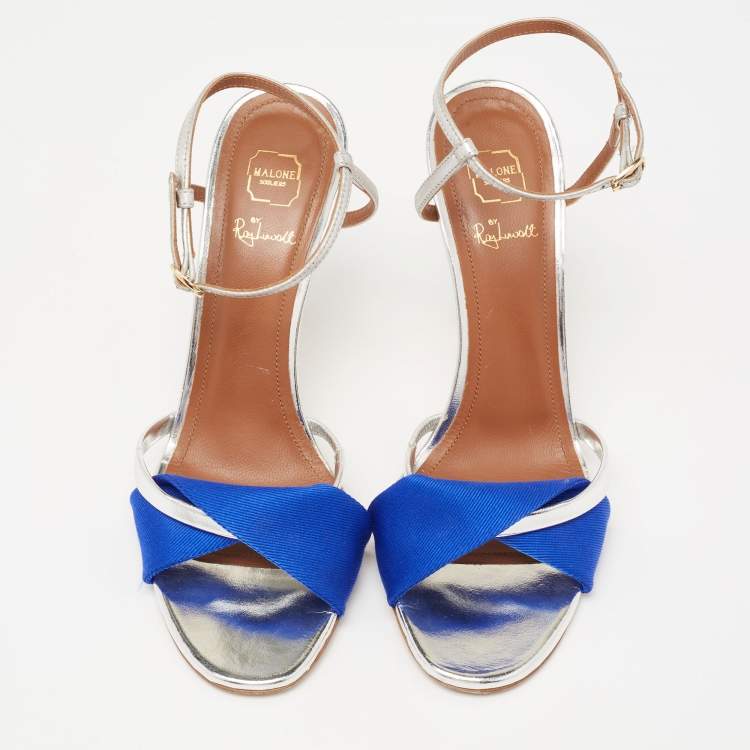 Pre Owned Malone Souliers Blue/Silver Foil Leather and Fabric Terry Ankle Strap Sandals Size 38.5