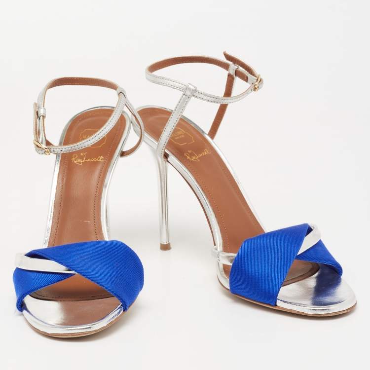 Pre Owned Malone Souliers Blue/Silver Foil Leather and Fabric Terry Ankle Strap Sandals Size 38.5