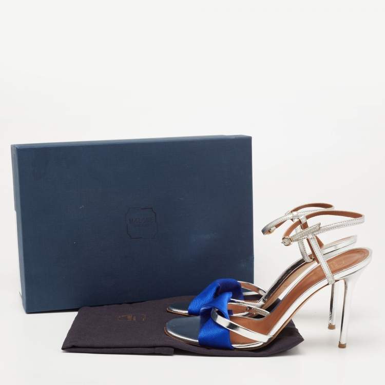 Pre Owned Malone Souliers Blue/Silver Foil Leather and Fabric Terry Ankle Strap Sandals Size 38.5