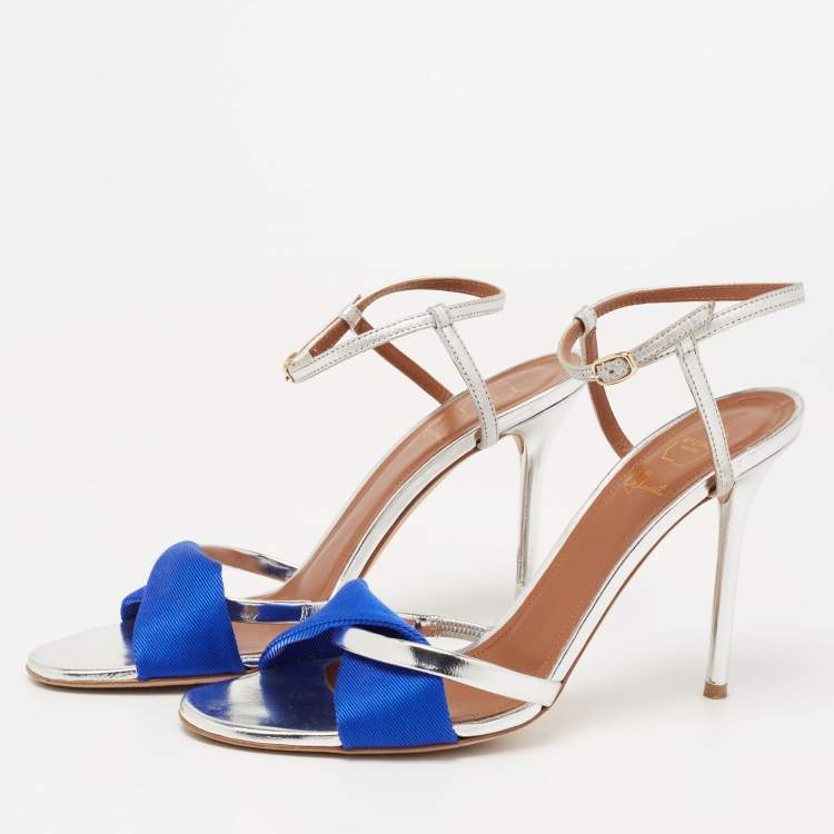 Pre Owned Malone Souliers Blue/Silver Foil Leather and Fabric Terry Ankle Strap Sandals Size 38.5