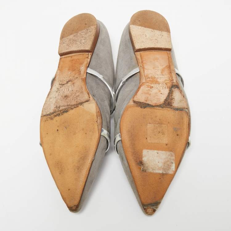 Pre Owned Malone Souliers Grey/Silver Suede and Leather Maureen Pointed-Toe Flats Size 40