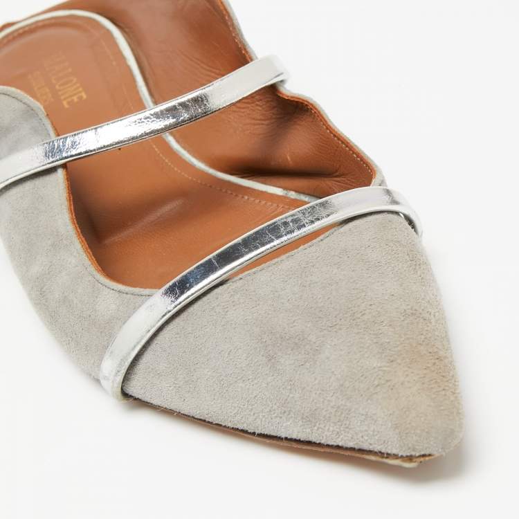 Pre Owned Malone Souliers Grey/Silver Suede and Leather Maureen Pointed-Toe Flats Size 40
