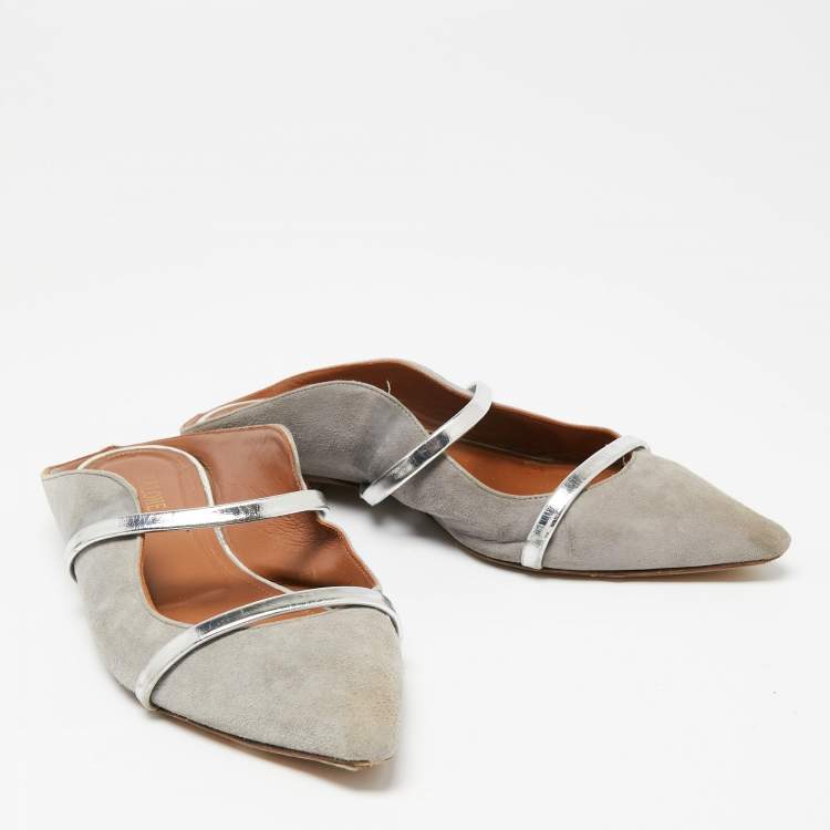 Pre Owned Malone Souliers Grey/Silver Suede and Leather Maureen Pointed-Toe Flats Size 40