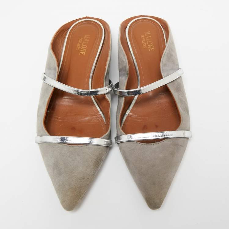Pre Owned Malone Souliers Grey/Silver Suede and Leather Maureen Pointed-Toe Flats Size 40