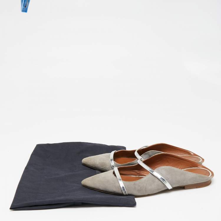 Pre Owned Malone Souliers Grey/Silver Suede and Leather Maureen Pointed-Toe Flats Size 40