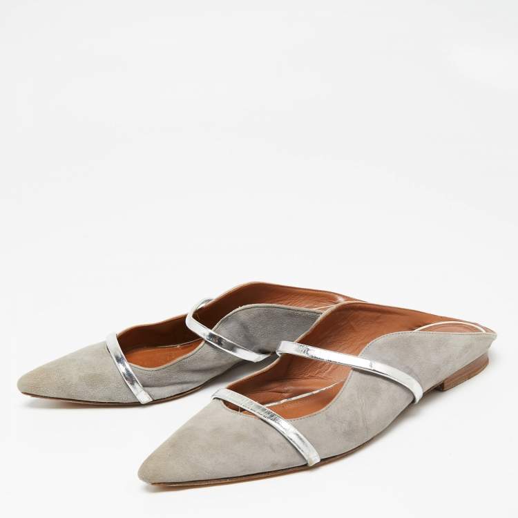 Pre Owned Malone Souliers Grey/Silver Suede and Leather Maureen Pointed-Toe Flats Size 40