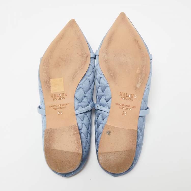 Pre Owned Malone Souliers Blue Quilted Satin and Leather Maureen Flats Size 38