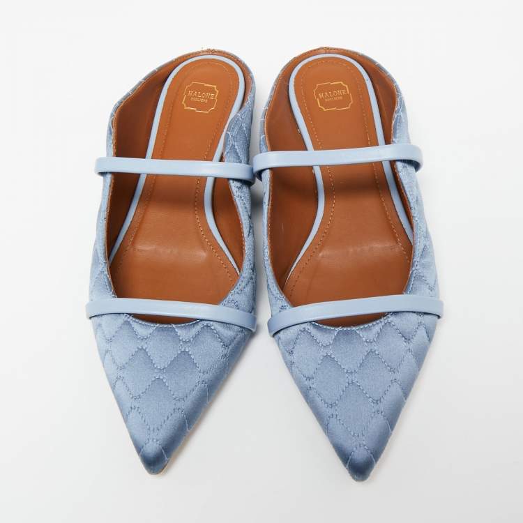 Pre Owned Malone Souliers Blue Quilted Satin and Leather Maureen Flats Size 38