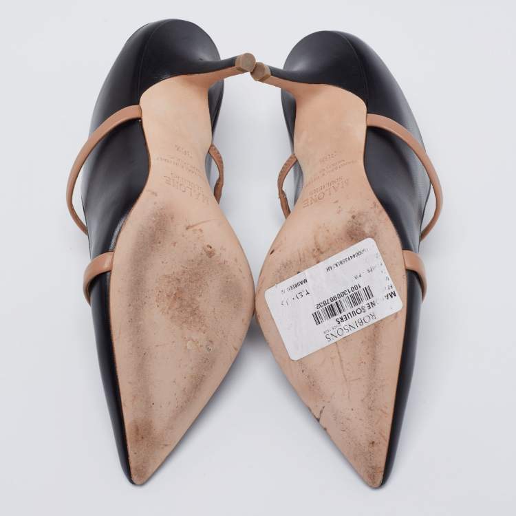 Pre Owned Malone Souliers Black/Beige Leather Maureen Pointed Toe Mules Size 36.5