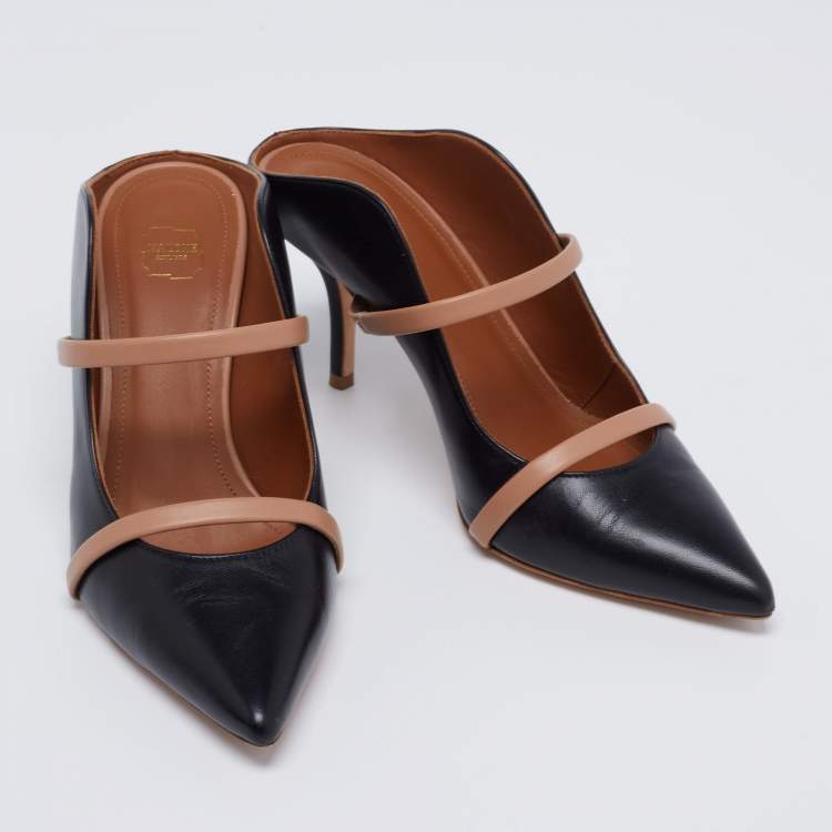 Pre Owned Malone Souliers Black/Beige Leather Maureen Pointed Toe Mules Size 36.5