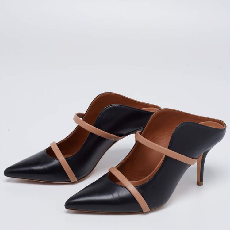 Pre Owned Malone Souliers Black/Beige Leather Maureen Pointed Toe Mules Size 36.5