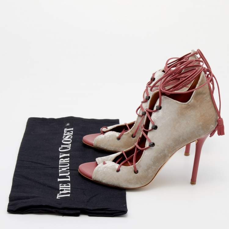 Pre Owned Malone Souliers Grey/Pink Velvet and Leather Savannah Ankle Wrap Sandals Size 36