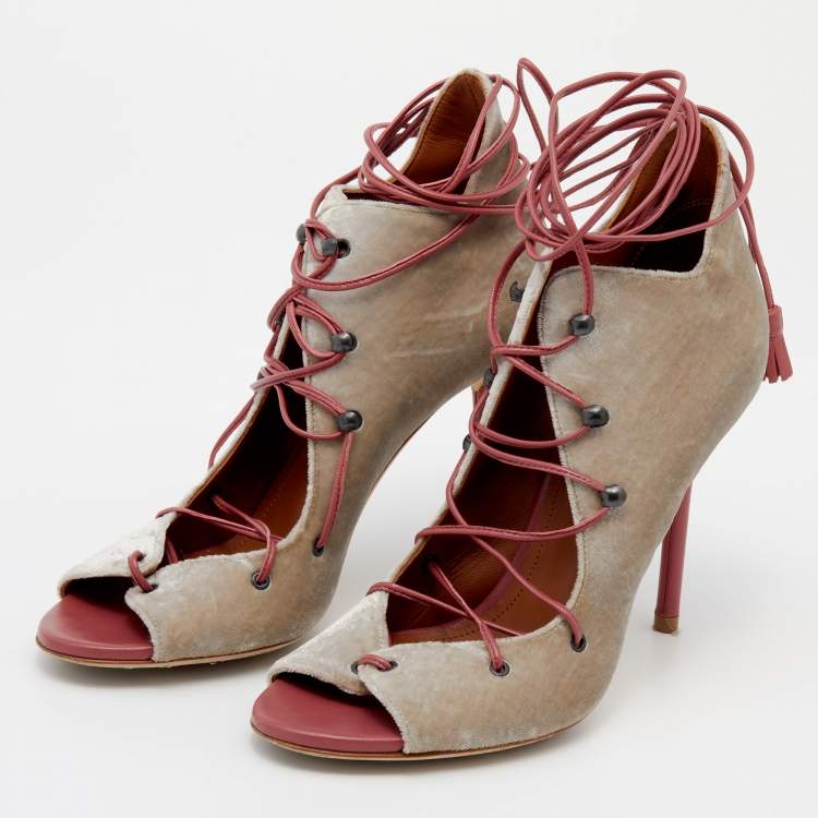 Pre Owned Malone Souliers Grey/Pink Velvet and Leather Savannah Ankle Wrap Sandals Size 36