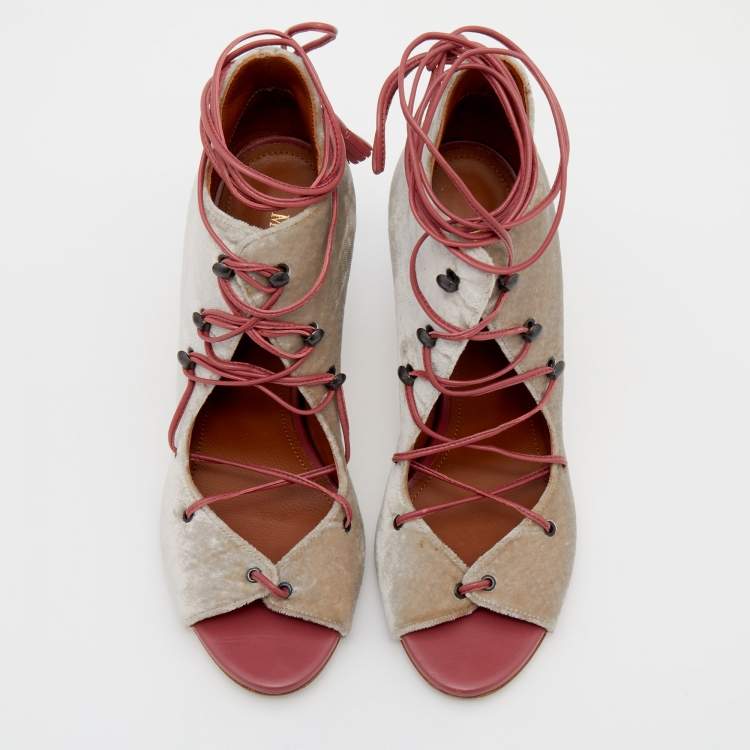 Pre Owned Malone Souliers Grey/Pink Velvet and Leather Savannah Ankle Wrap Sandals Size 36