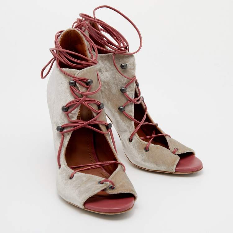 Pre Owned Malone Souliers Grey/Pink Velvet and Leather Savannah Ankle Wrap Sandals Size 36