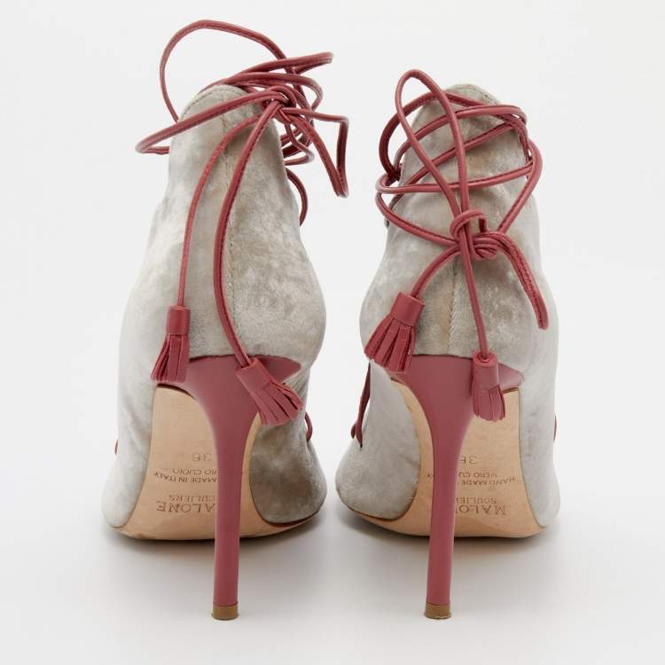 Pre Owned Malone Souliers Grey/Pink Velvet and Leather Savannah Ankle Wrap Sandals Size 36