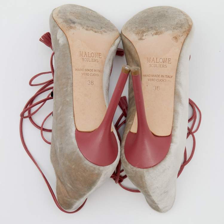 Pre Owned Malone Souliers Grey/Pink Velvet and Leather Savannah Ankle Wrap Sandals Size 36
