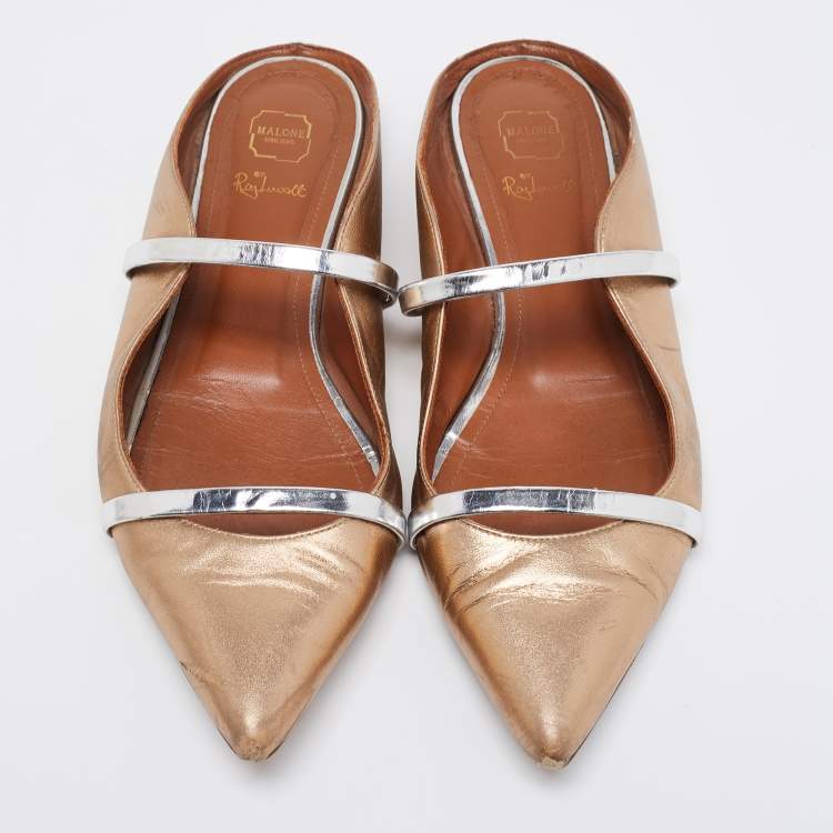 Pre Owned Malone Souliers Copper/Silver Metallic Leather Maureen Flat Mules Size 40