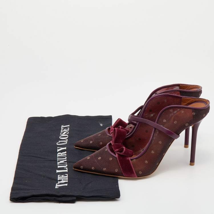 Pre Owned Malone Souliers Burgundy Polka Dot Mesh And Velvet Maureen Bow Mules Size 37