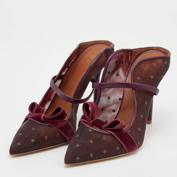 Pre Owned Malone Souliers Burgundy Polka Dot Mesh And Velvet Maureen Bow Mules Size 37
