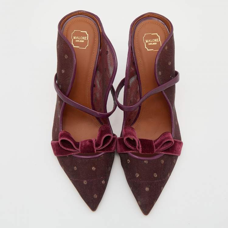 Pre Owned Malone Souliers Burgundy Polka Dot Mesh And Velvet Maureen Bow Mules Size 37