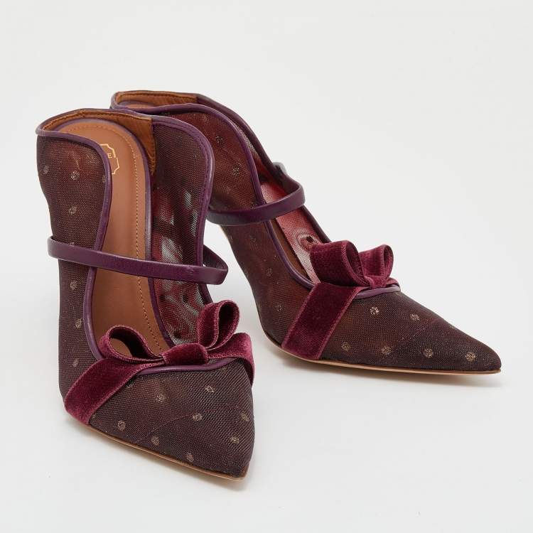 Pre Owned Malone Souliers Burgundy Polka Dot Mesh And Velvet Maureen Bow Mules Size 37