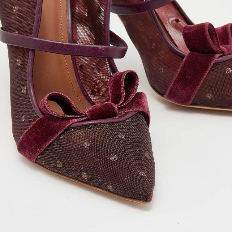 Pre Owned Malone Souliers Burgundy Polka Dot Mesh And Velvet Maureen Bow Mules Size 37