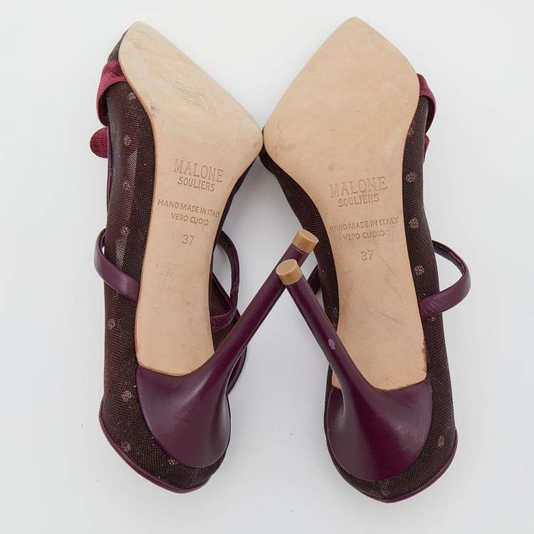 Pre Owned Malone Souliers Burgundy Polka Dot Mesh And Velvet Maureen Bow Mules Size 37