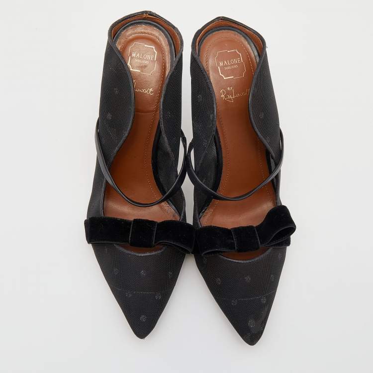 Pre Owned Malone Souliers Black Polka Dot Mesh And Velvet Maureen Bow Mules Size 37