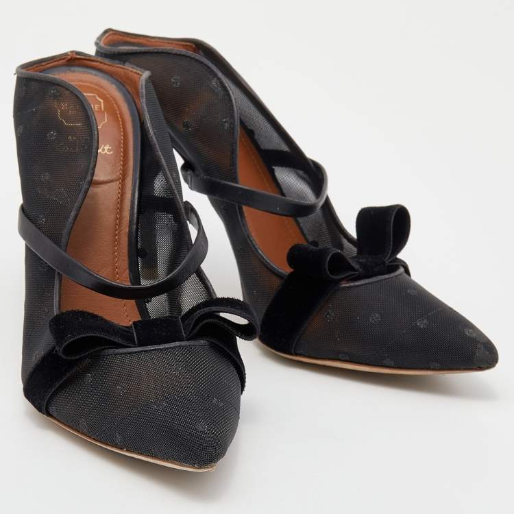 Pre Owned Malone Souliers Black Polka Dot Mesh And Velvet Maureen Bow Mules Size 37