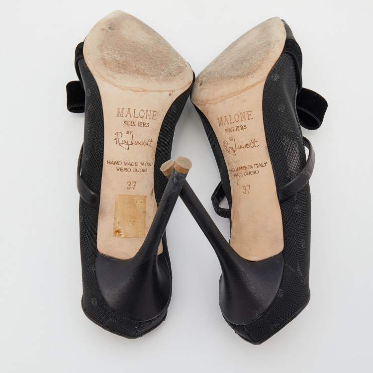 Pre Owned Malone Souliers Black Polka Dot Mesh And Velvet Maureen Bow Mules Size 37