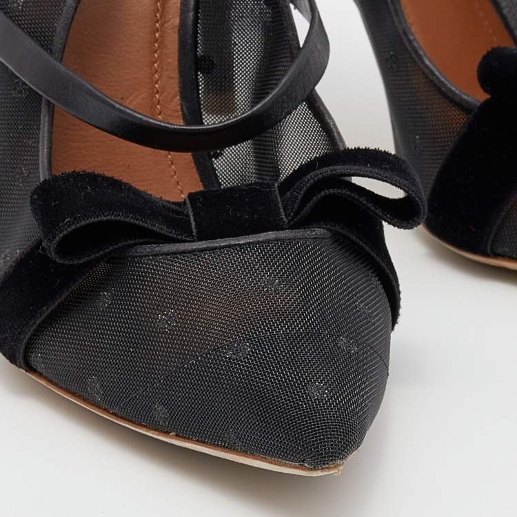 Pre Owned Malone Souliers Black Polka Dot Mesh And Velvet Maureen Bow Mules Size 37