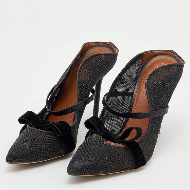 Pre Owned Malone Souliers Black Polka Dot Mesh And Velvet Maureen Bow Mules Size 37