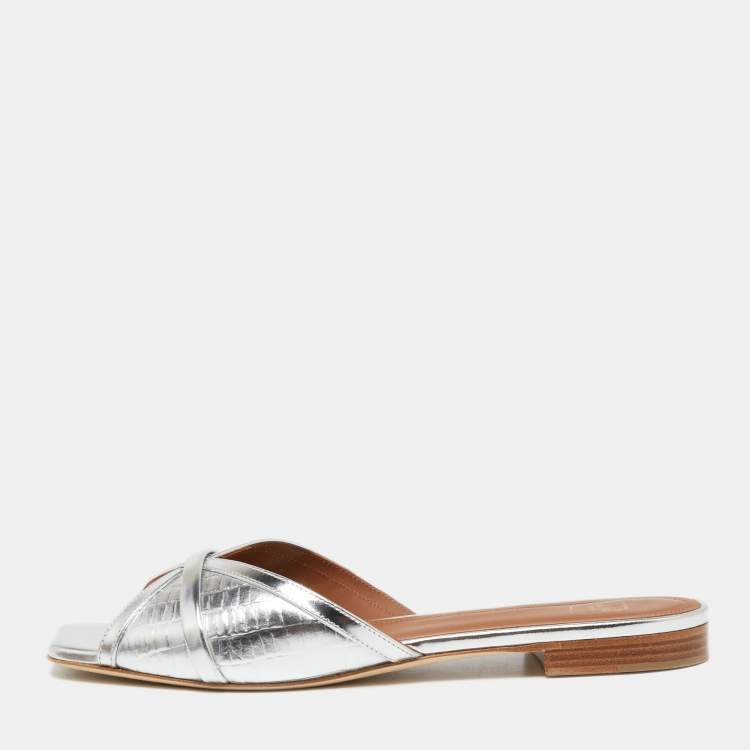 Pre Owned Malone Souliers Metallic Silver Croc Embossed Leather Perla  Flat Sandals Size 38.5