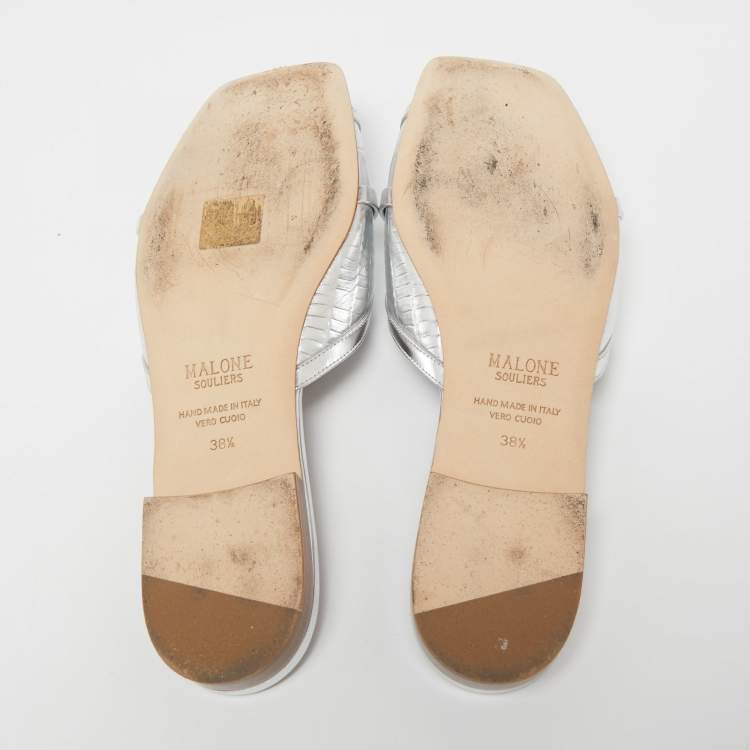 Pre Owned Malone Souliers Metallic Silver Croc Embossed Leather Perla  Flat Sandals Size 38.5