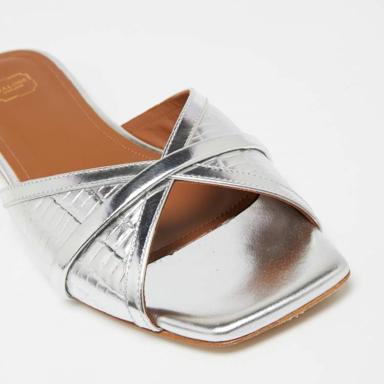 Pre Owned Malone Souliers Metallic Silver Croc Embossed Leather Perla  Flat Sandals Size 38.5