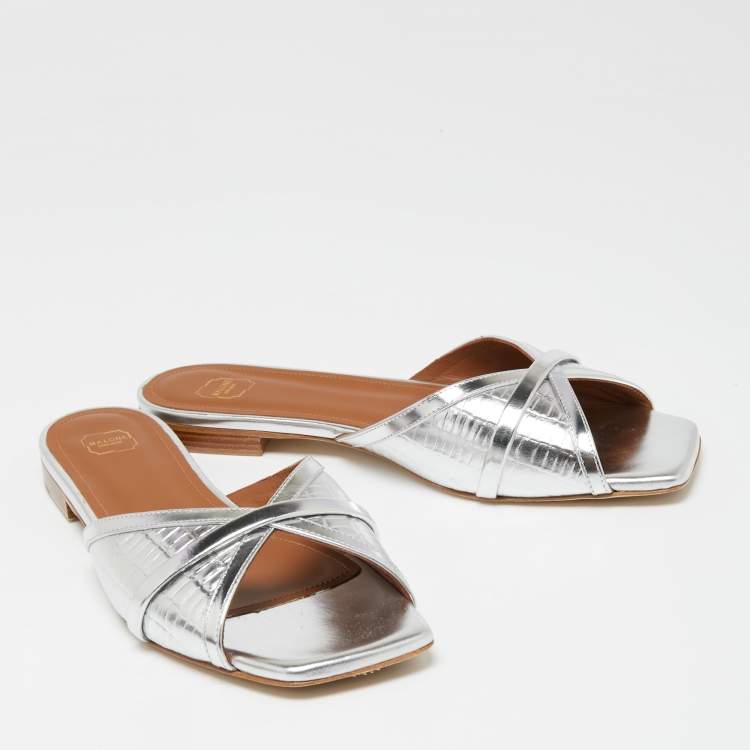 Pre Owned Malone Souliers Metallic Silver Croc Embossed Leather Perla  Flat Sandals Size 38.5