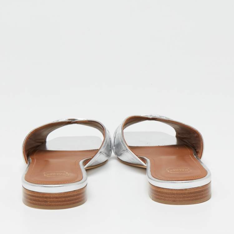 Pre Owned Malone Souliers Metallic Silver Croc Embossed Leather Perla  Flat Sandals Size 38.5