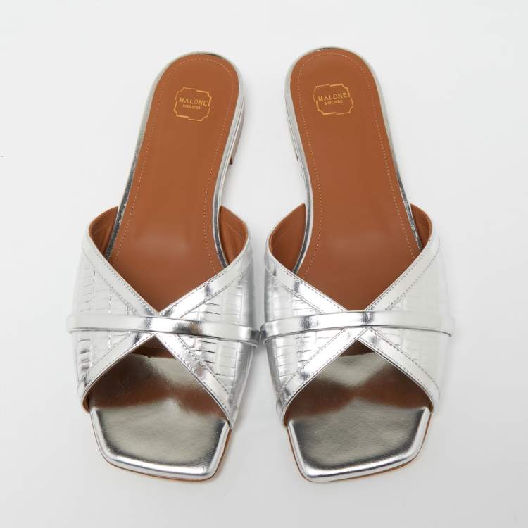 Pre Owned Malone Souliers Metallic Silver Croc Embossed Leather Perla  Flat Sandals Size 38.5