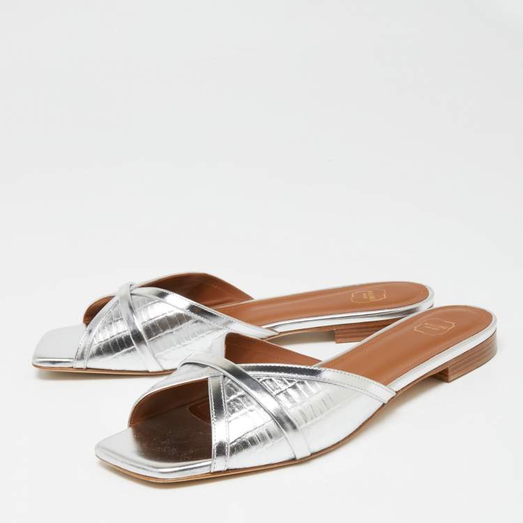 Pre Owned Malone Souliers Metallic Silver Croc Embossed Leather Perla  Flat Sandals Size 38.5