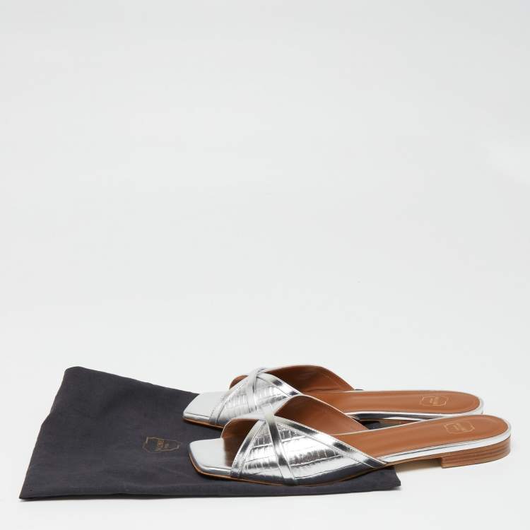 Pre Owned Malone Souliers Metallic Silver Croc Embossed Leather Perla  Flat Sandals Size 38.5