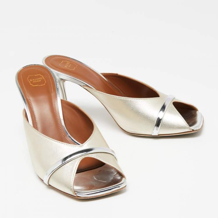 Pre Owned Malone Souliers Metallic Sliver Leather  Joni Sandals Size 38.5