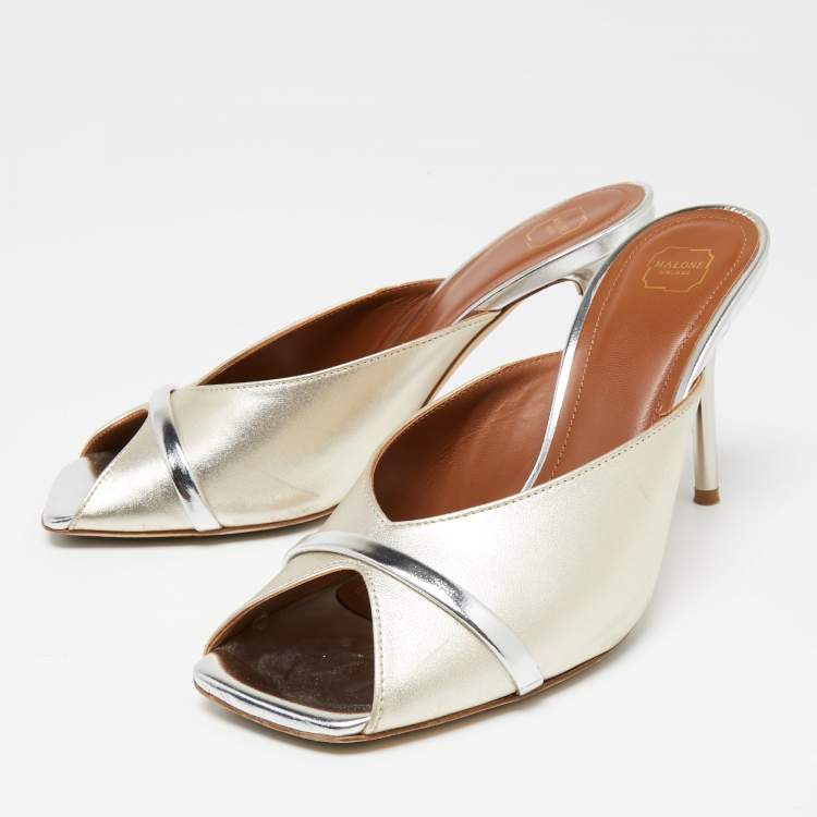 Pre Owned Malone Souliers Metallic Sliver Leather  Joni Sandals Size 38.5