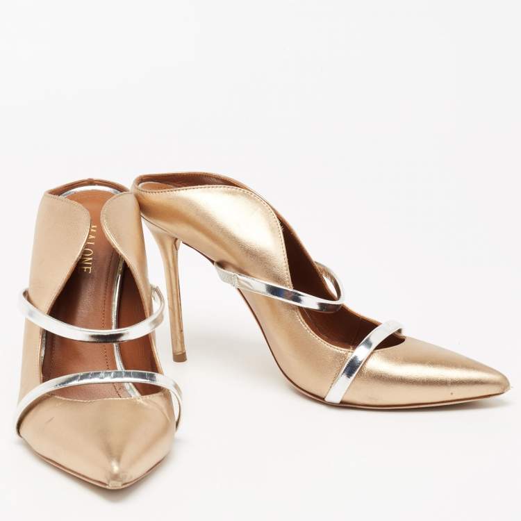 Pre Owned Malone Souliers Metallic Gold/Silver Leather Maureen Pointed Toe Mules Size 39