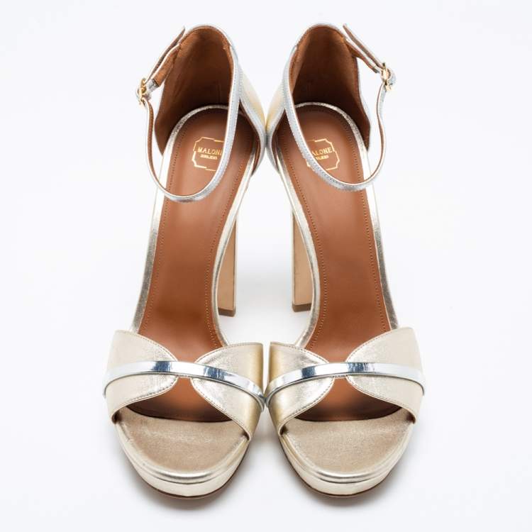 Pre Owned Malone Souliers Metallic Gold/Silver Leather Miranda Platform Ankle Strap Sandals Size 41