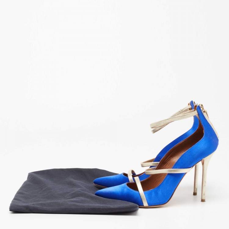 Pre Owned Malone Souliers Royal Blue/Gold Satin and Leather Robyn Ankle-Strap Pumps Size 41